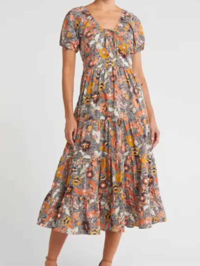 Melloday Ss Cinch Neck Print Dress Xs